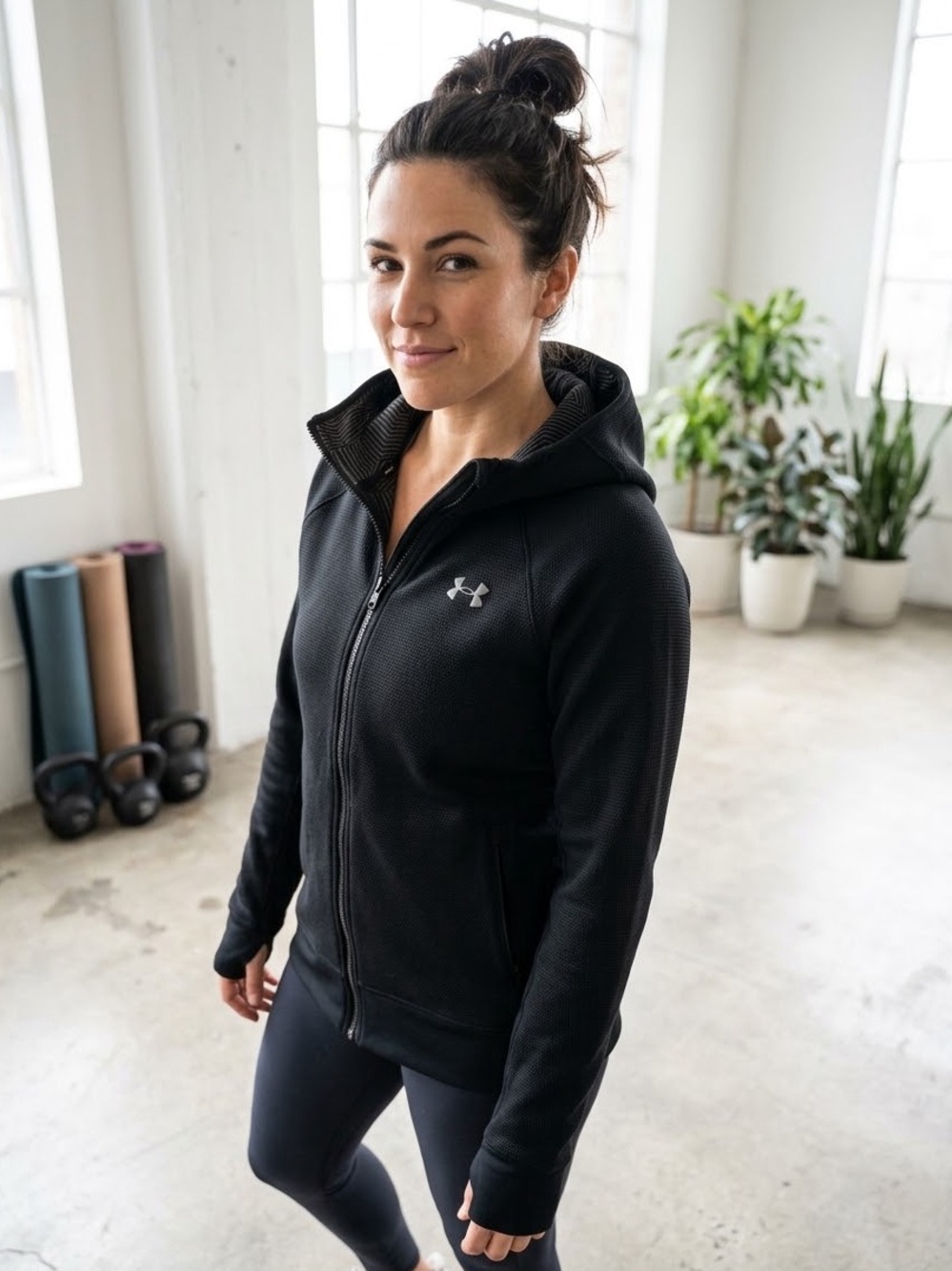 Under Armour Women's Waffle-knit Black Full‑Zip Hooded Jacket